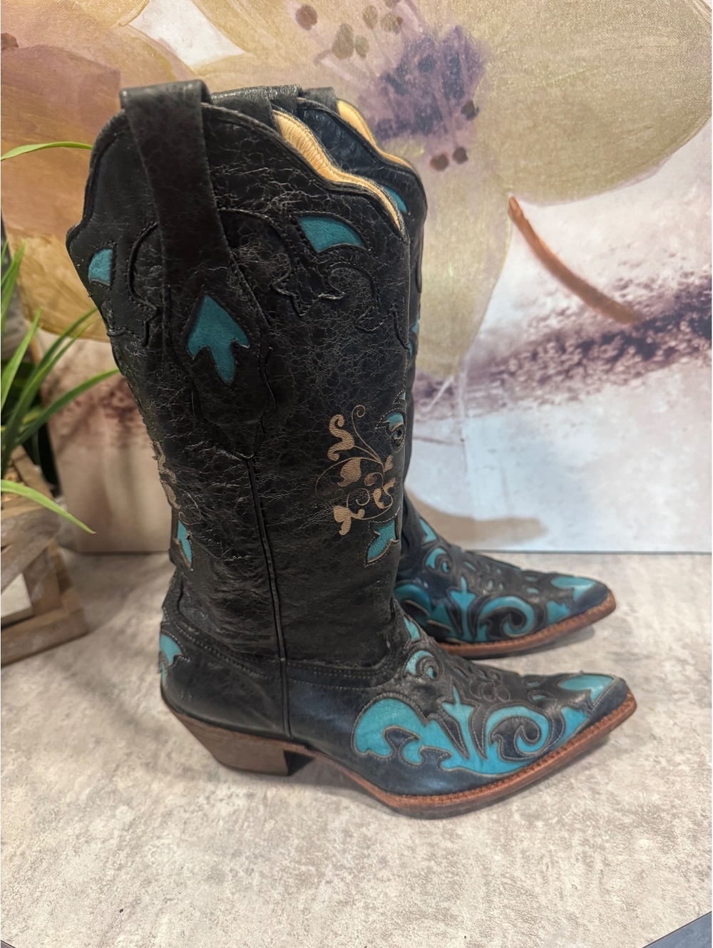 Corral Boots black and turquoise cowboy boots with floral design, size 6.5